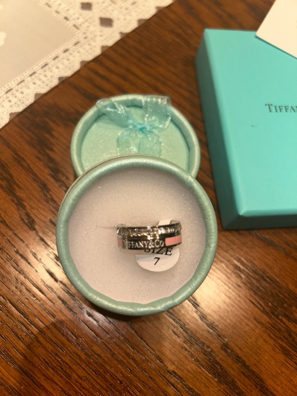 Tiffany & Co. Silver Band Ring - Blue/Black Accents, Size 7